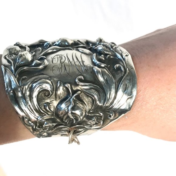 Rare Antique Goddess Sterling Silver Cuff Bracelet Victorian 925 Lady Face Wide - Picture 9 of 11